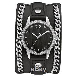 Harley-Davidson Bulova Womens Leather Cuff Crystal Stainless Steel Watch 76L184