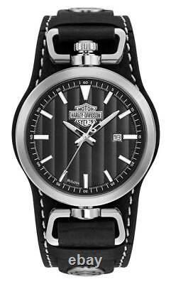 Harley-Davidson Men's B&S Rotating Case Cuff Watch, Black Leather Strap 76B185